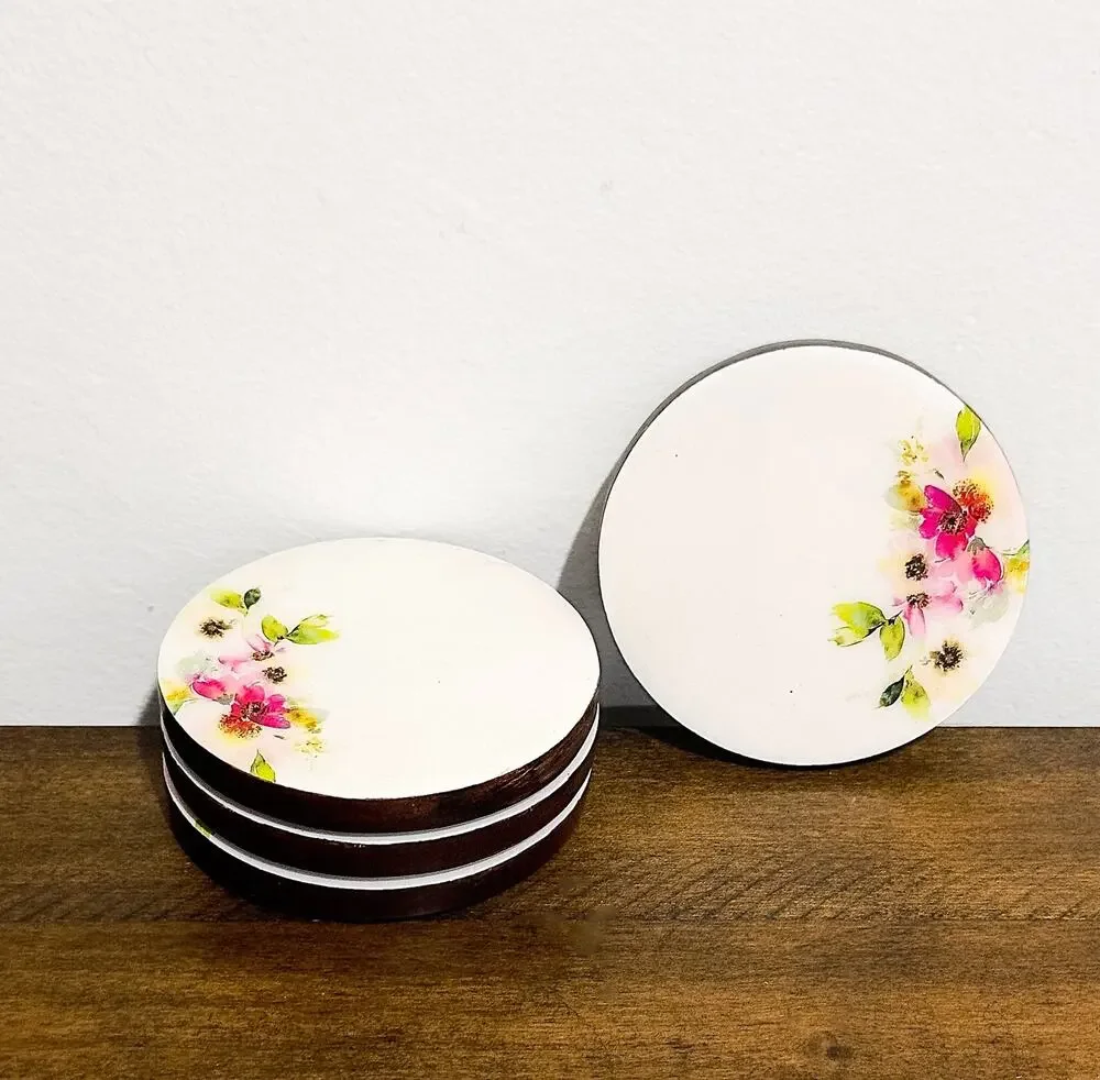 NWT: Godinger - Set of 4, Walnut Wood & Enamel, Floral Coasters